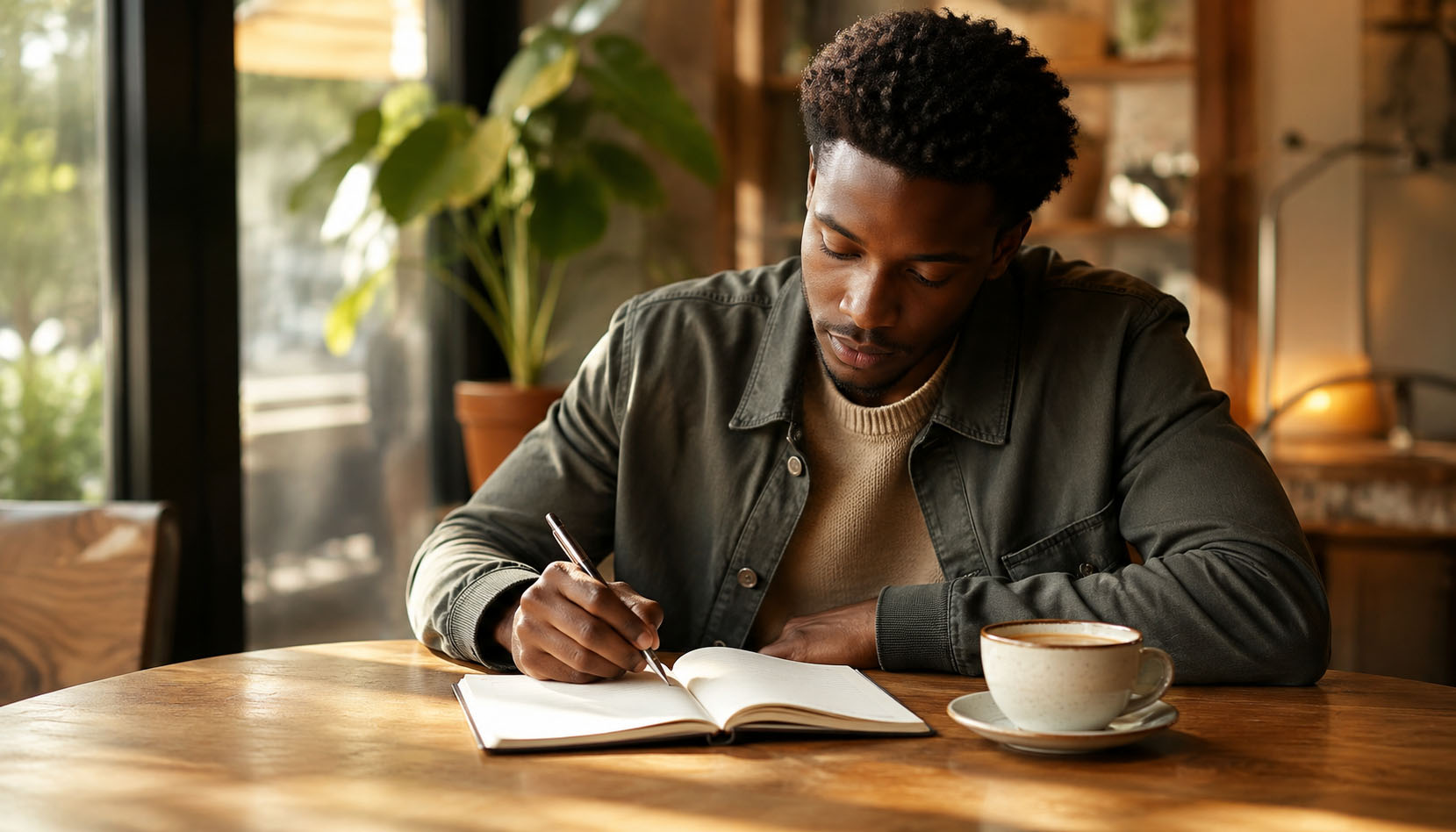 Zu viele digitale Tools – Mann im Café mit Notizbuch statt Smartphone